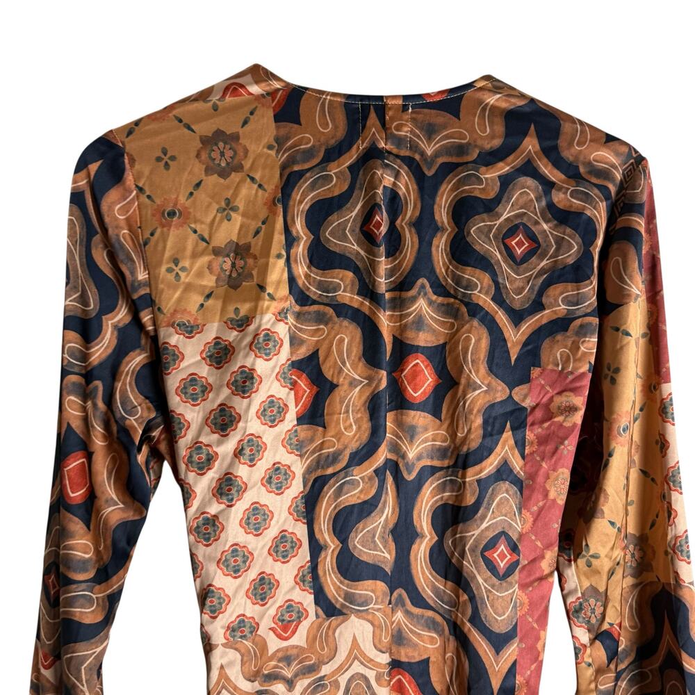 MISA Eliza Patchwork Print Long Sleeve Tie Waist Boho Wrap Midi Dress Size M - Picture 14 of 16